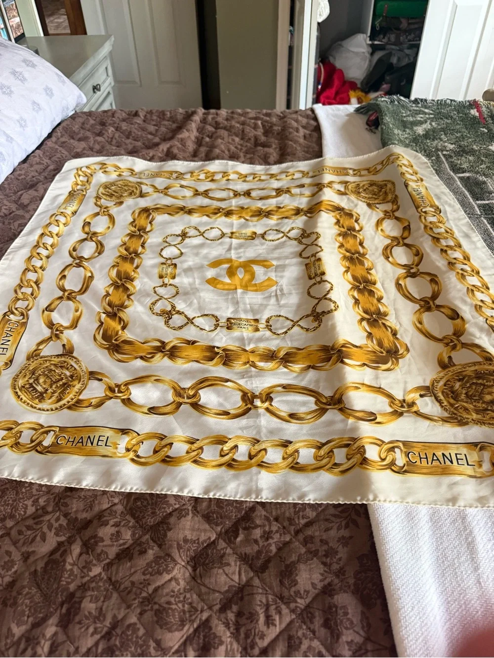 CHANEL Ivory Silk Scarf with Gold Chain Motif 33x33